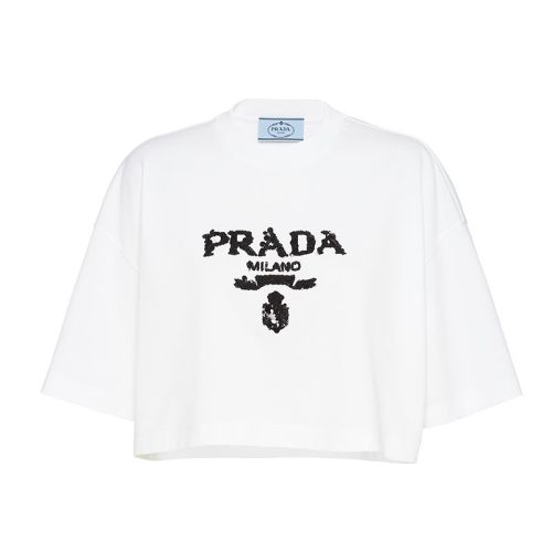 PRADA/普拉達 22年早春新款 女士白色刺繡棉質短款T恤3560AR_103H_F0009_S_212