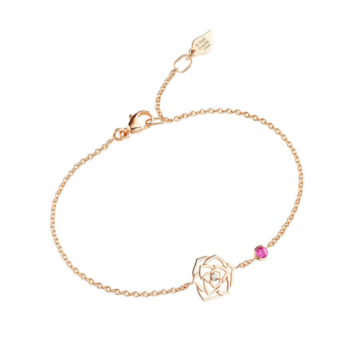 PIAGET/伯爵 ROSE玫瑰系列 18K金玫瑰金鑲鉆點綴粉紅色藍寶石 鏤空玫瑰優雅手鏈 G36U4600