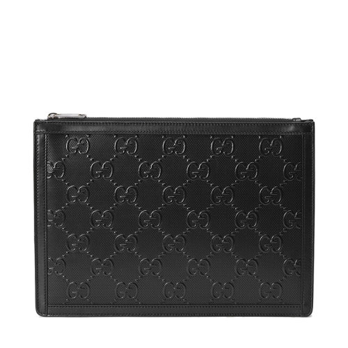 GUCCI/古馳 21新款GG embossé系列 男士黑色雙G壓紋皮革拉鏈手拿包6464491W3AN1000