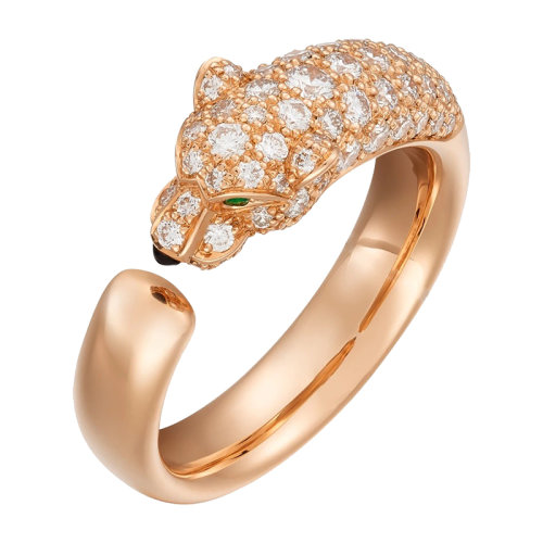 CARTIER/卡地亞 PANTHèREDE系列 玫瑰金瑪瑙鑲嵌祖母綠和鉆石豹子指環N4765700
