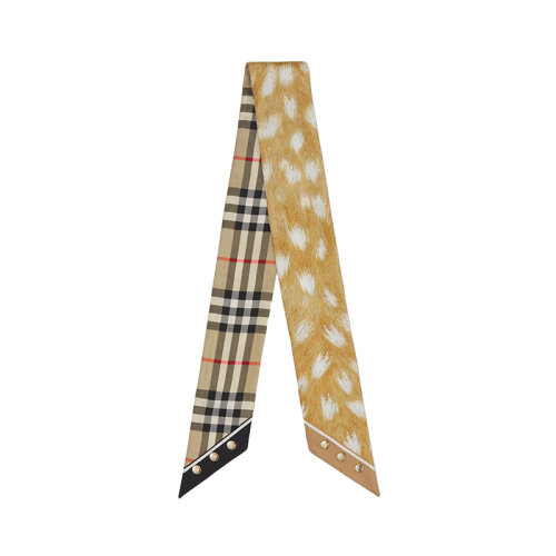 BURBERRY/博柏利 22年早春新款 女士典藏米色桑蠶絲格紋拼鹿紋印花窄版絲巾80495731