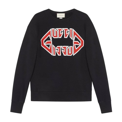 GUCCI/古馳   王俊凱同款  男裝 服裝 黑色棉質字母logo印花時尚休閑長袖T恤 男士衛衣