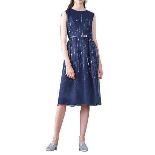 HUI/卉 女士連衣裙20春夏新品寶藍色珠飾真絲連衣裙