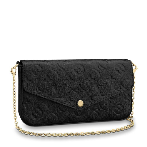 Louis Vuitton/路易威登 22春夏新款FéLICIE系列 女士黑色老花壓紋軟粒面牛皮革金扣金鏈配可拆卸貼袋翻蓋開合斜跨手拿鏈條信封包M64064
