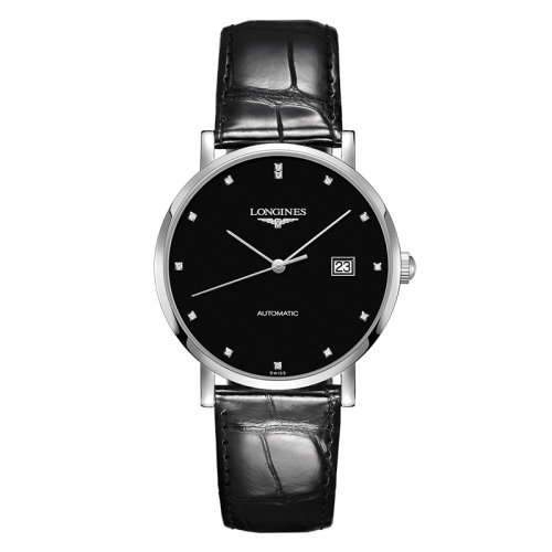 LONGINES/浪琴  博雅系列 自動機械表鑲鉆黑盤精鋼表殼皮質(zhì)表帶男表39毫米L4.910.4.57.2