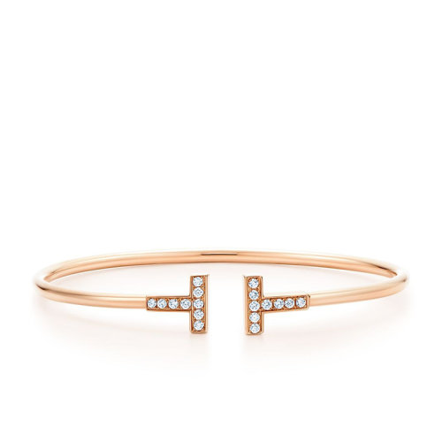 Tiffany & Co./蒂芙尼 經(jīng)典Tiffany T系列 18K金玫瑰金鑲嵌鉆石T形Wire手鐲GRP07785