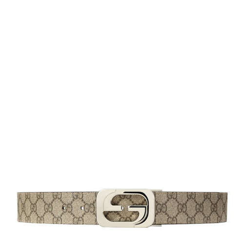 GUCCI/古馳 男士咖啡色PVC雙G圖案銀色雙G搭扣皮帶腰帶 245861-KGDHN-9767