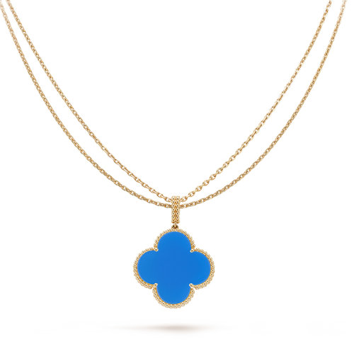 Van Cleef & Arpels/梵克雅寶 經典款MagicAlhambra系列 18K金黃金鑲嵌藍色瑪瑙大花大號長款四葉草項鏈