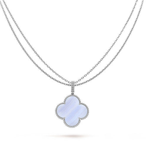 Van Cleef & Arpels/梵克雅寶 經典Magic Alhambra系列 18K金白金鑲嵌紫玉髓長款四葉草項鏈