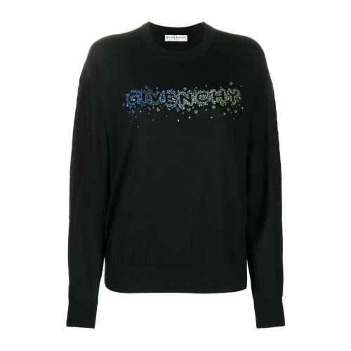Givenchy/紀梵希 女士黑色羊毛混紡絲綢經典字母徽標水晶綴飾圓領長袖上衣毛衣針織衫套頭衫 BW90B84Z7Y-001