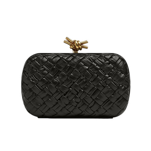 Bottega Veneta/葆蝶家 22新款 女士黑色小牛皮編織圖案黃銅飾面磁性框架開合單肩斜挎包717622V2H411019