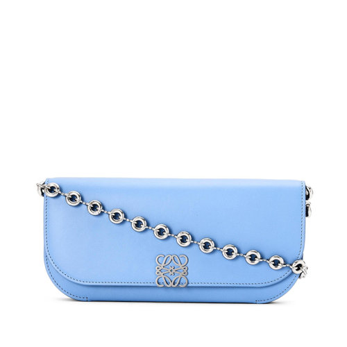 LOEWE/羅意威 22春夏新款Goya系列 女士長款天青石藍色絲綢牛皮風琴結構單肩手提手拿鏈條包A896O45X01-5576