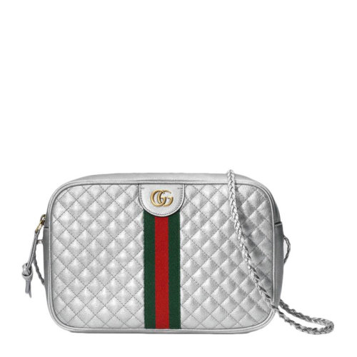 GUCCI/古馳  古琦女士銀色牛皮革經典互扣式雙G字母徽標紅綠織帶裝飾單肩斜跨包 541051 0U12T 8562 HKY0011N
