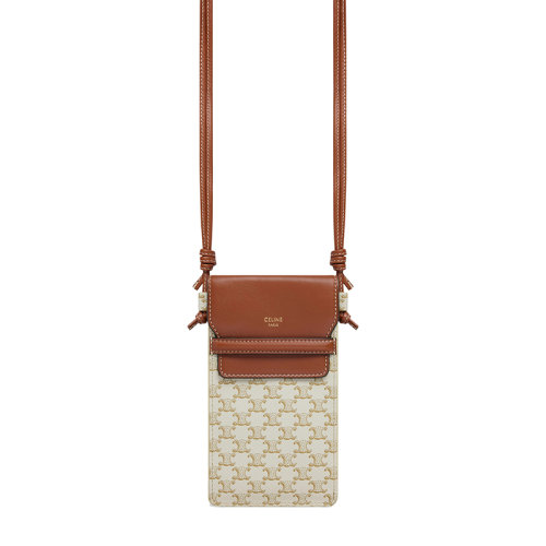 CELINE/賽琳  白色凱旋印花涂層帆布黃褐色小羊皮翻蓋單肩斜挎手機包10G332CQD.01TA