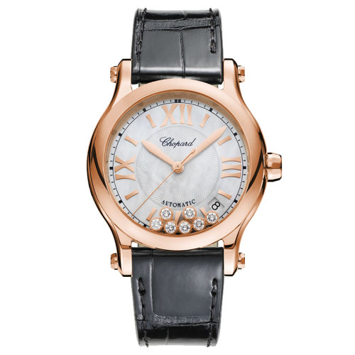  Chopard/蕭邦  Happy Sport系列 自動機械表玫瑰金表殼皮質表帶帶鉆表盤女表36毫米274808-5008