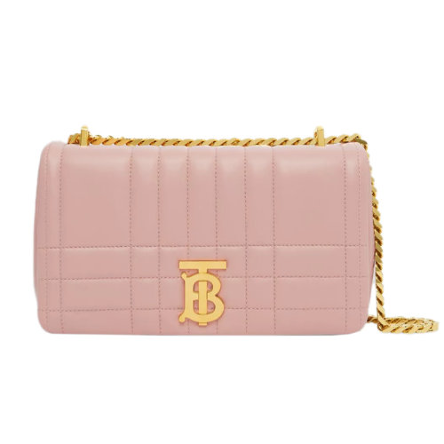 BURBERRY/博柏利 22新款 Lola系列 女士小號粉色鞣制粒面皮革字母標(biāo)志頂部翻蓋磁扣開合字母拋光金屬肩背斜挎包80630071
