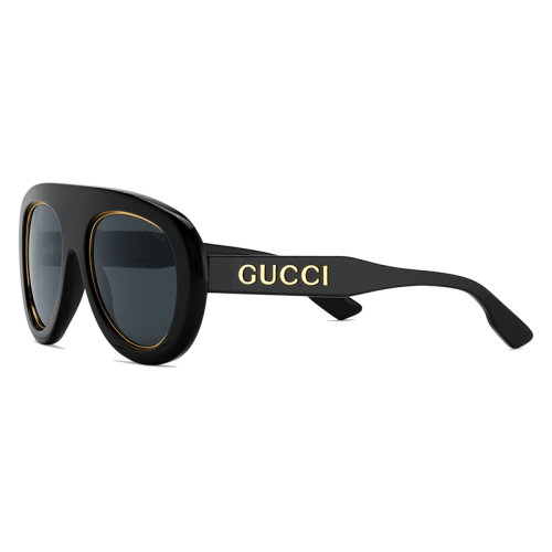 GUCCI/古馳 22年春夏新款 男士純灰色鏡片光澤感黑色醋纖鏡框金色調金屬飾邊領航員太陽眼鏡墨鏡691373J07401012