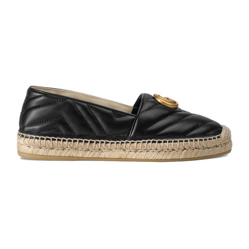 GUCCI/古馳 女士新款雙G金扣黑色皮革草編底平跟鞋551890BKO001000