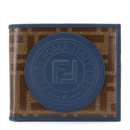 FENDI/芬迪 男士棕藍(lán)色皮革雙F圓形徽標(biāo)經(jīng)典FF印花短款錢包卡包男包 7M0169-A5K4-F1657