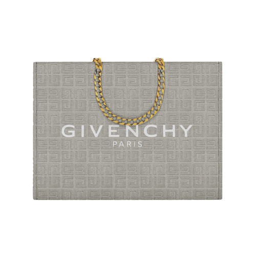 Givenchy/紀梵希 22新款 Cabas G系列 女士石灰色刺繡帆布壓花圖案白色字母標志拆卸小牛皮寬肩帶編織金屬鏈條提手金色飾面單肩手提托特包BB50QPB1LR-099