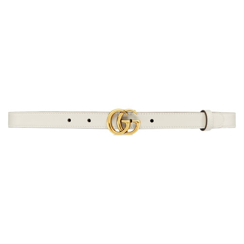 GUCCI/古馳新款 女士白色皮革閃亮雙G帶扣窄版腰帶2厘米4094170YA0O9022