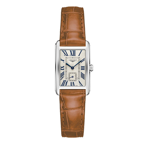 LONGINES/浪琴 黛綽維納系列 女士銀色“flinqué”石英精鋼表殼和鱷魚紋小牛皮表帶防刮藍寶石水晶玻璃腕表20.8X32毫米L5.255.4.71.4