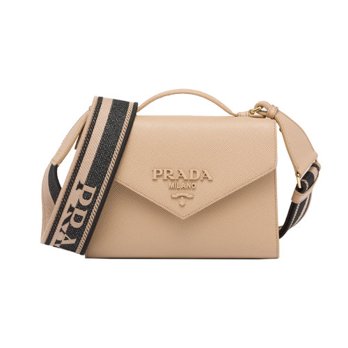 PRADA/普拉達 22新款 Monochrome系列 女士砂米黃saffiano皮革金色徽標磁扣翻蓋印花拆卸肩帶單肩斜挎包1BD317_2ERX_F0036_V_3O3