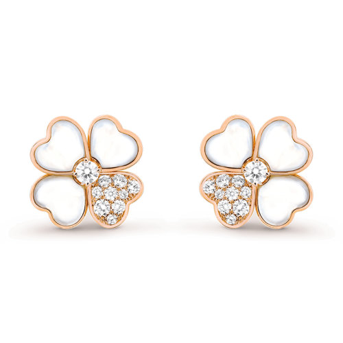 Van Cleef & Arpels/梵克雅寶 經典Cosmos系列 18k金玫瑰金白珍珠母貝鑲鉆石四葉草小號耳釘VCARO5BX00
