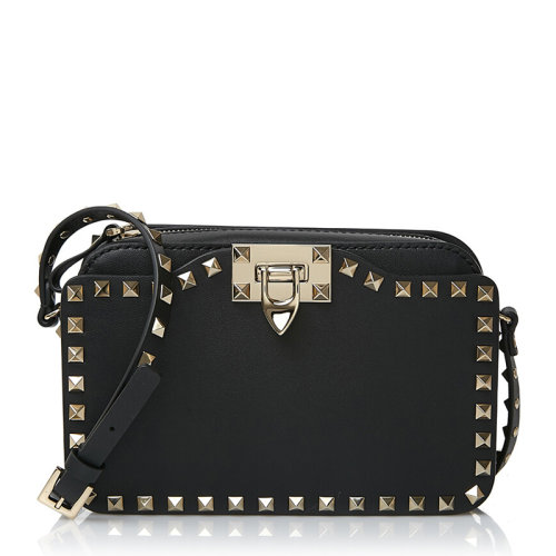Valentino/華倫天奴 Rockstud系列小號女士黑色牛皮經典字母徽標印花鉚釘裝飾拉鏈開合單肩包斜挎包女包 RW2B0148-BOL-0NO