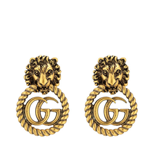 GUCCI/古馳  Double G系列 金色金屬獅子頭雙G帶梭芯花邊耳環605857I46000933