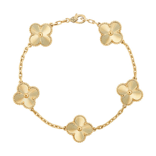 Van Cleef & Arpels/梵克雅寶 經典款Vintage Alhambra系列 18K金黃金璣鏤雕花拉絲四葉草五花手鏈 VCARP3JK00