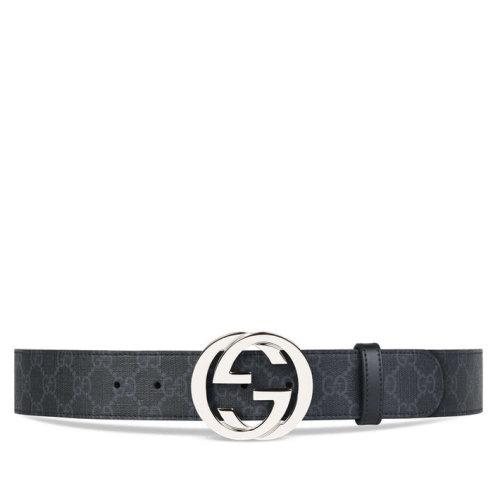 GUCCI/古馳  經典款男士黑色帆布銀色雙G扣腰帶 411924 KGDHX 8449