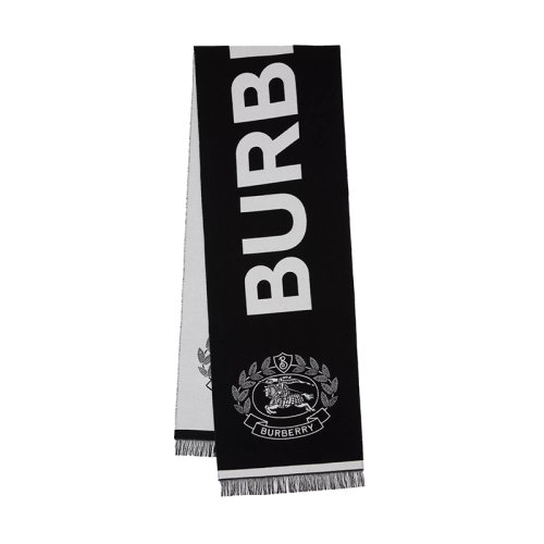 BURBERRY/博柏利 女士黑/白羊毛配真絲騎士圖案徽標刺繡圍巾80609661