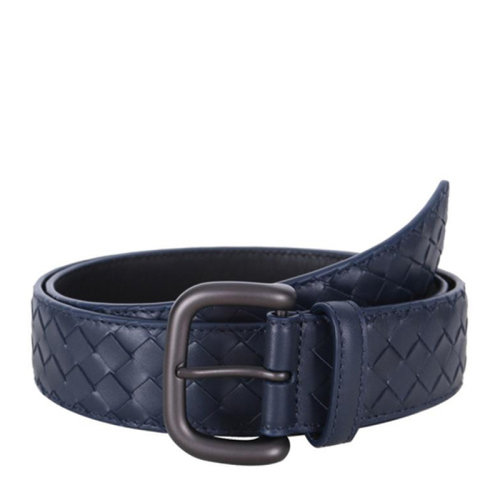 Bottega Veneta/葆蝶家 BV 男士藏藍色牛皮編織針扣式商務休閑皮帶腰帶 173784-V4650-4013