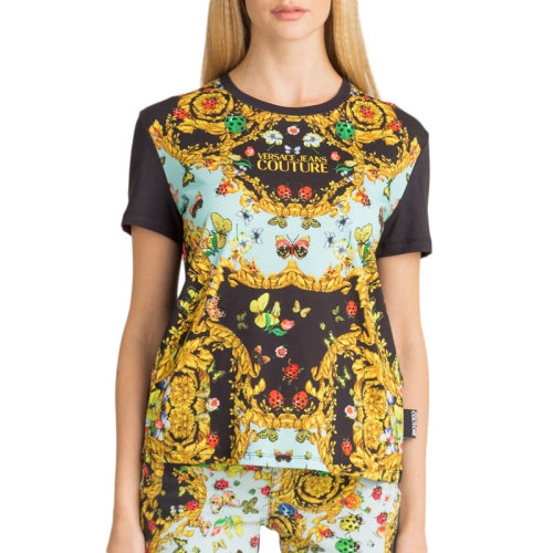 VERSACE JEANS/范思哲牛仔 女士黑色棉質經典彩色字母徽標印花裝飾圓領短袖上衣T恤 B2HUA7EP-36242-112