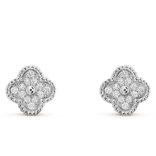 Van Cleef & Arpels/梵克雅寶 經典SweetAlhambra系列 18K金白金鑲嵌鉆石幸運四葉草經典耳釘VCARO85500