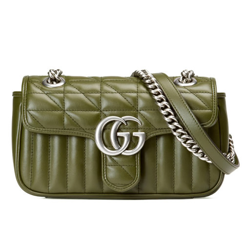 GUCCI/古馳 22新款GG Marmont系列 女士迷你森林綠絎縫皮革經(jīng)典Double G標(biāo)志肩帶可調(diào)節(jié)單肩斜挎手拿包?446744UM8AF3352