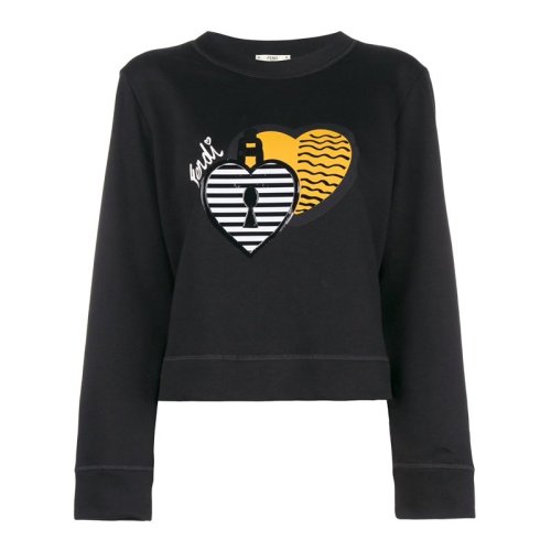 Fendi/芬迪  女裝 服裝 黑色棉質愛心字母logo刺繡長袖套頭衫休閑 女士衛衣
