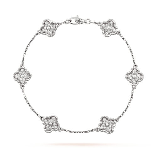 Van Cleef & Arpels/梵克雅寶 經典SweetAlhambra系列 18K金白金鑲嵌滿鉆四葉草6花手鏈