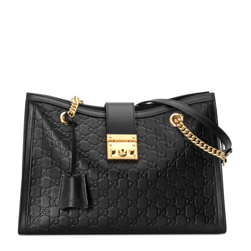 GUCCI/古馳   Padlock系列 女士黑色牛皮時尚雙G壓花鏈條單肩包斜挎包