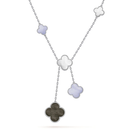 Van Cleef & Arpels/梵克雅寶 經典Magic Alhambra系列 18k金白金白色灰色珍珠母貝玉髓6四葉草吊墜項鏈