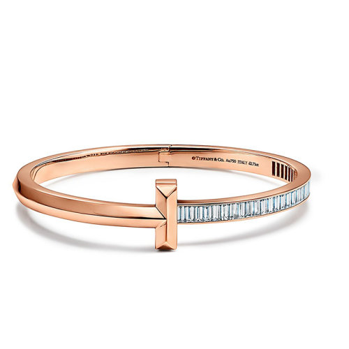 Tiffany & Co./蒂芙尼  T1系列 18K金玫瑰金長方形切割鉆石鉸鏈手鐲 GRP11686