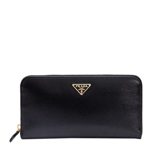 PRADA/普拉達(dá) 女士黑色牛皮拉鏈Logo長(zhǎng)款錢(qián)包手拿包零錢(qián)包女包 1ML506-309-F0D9A