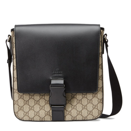 GUCCI/古馳 男士米色拼黑色人造革經典雙G logo單肩包斜挎包
