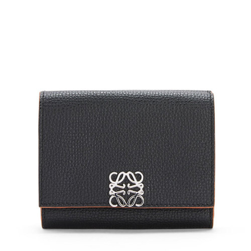 LOEWE/羅意威 20  女士黑色鵝卵石紋小牛皮徽標翻蓋三折錢包0010508422