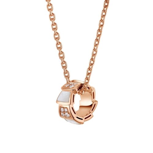 BVLGARI/寶格麗 經典款白貝母18K金玫瑰金帶鉆  蛇形項鏈 357095