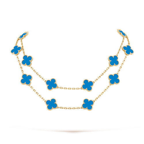 Van Cleef & Arpels/梵克雅寶 經典Vintage Alhambra系列 長款18K金黃金鑲嵌藍色瑪瑙20花四葉草項鏈