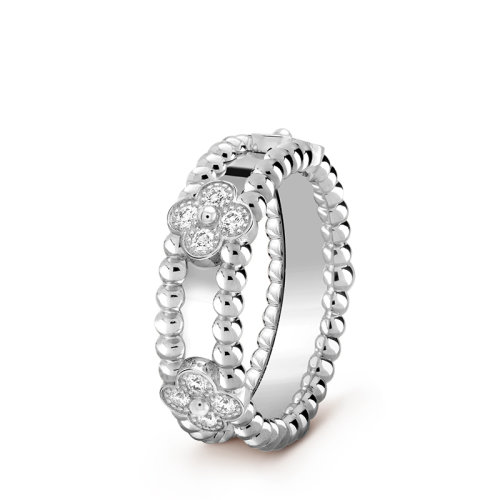Van Cleef & Arpels/梵克雅寶 Perlée sweet trèfles系列 18K金白金鑲嵌鉆石四葉草戒指指環VCARP6MN00