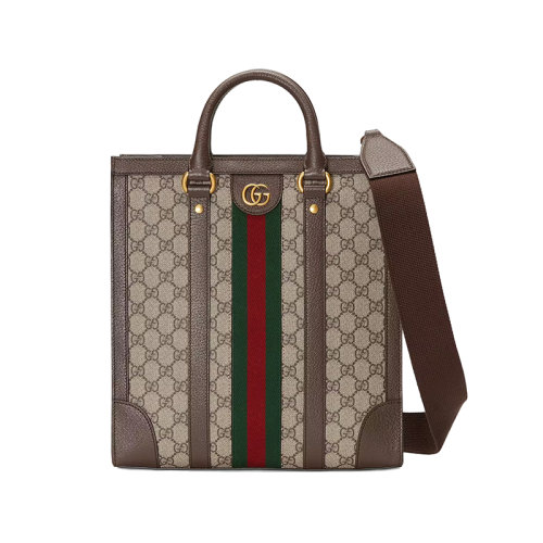 GUCCI/古馳 23春夏新款 Ophidia系列 男士中號米色/烏木色帆布棕色皮革飾面織帶條紋雙G鉤扣調節帆布肩帶單肩手提包7246859C2ST8746