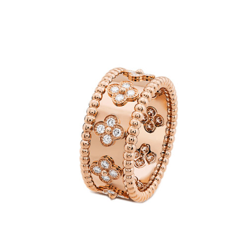 Van Cleef & Arpels/梵克雅寶 Perlée trèfles系列 小號款18K金玫瑰金三葉草圖案鑲嵌28顆鉆石戒指指環VCARO9NB00